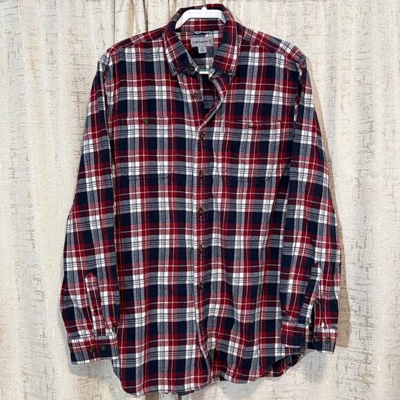 Carhartt Relaxed Fit Red Blue Plaid Check Long Sleeve Button Up Men's Size Large - Picture 1 of 4